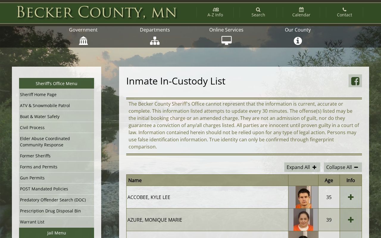 Becker County current inmate roster and estimated release fields